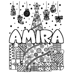 Dibujo para colorear AMIRA - decorado &aacute;rbol de Navidad y regalos