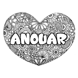 Coloración del nombre ANOUAR - decorado mandala de corazón