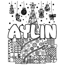 Dibujo para colorear AYLIN - decorado &aacute;rbol de Navidad y regalos