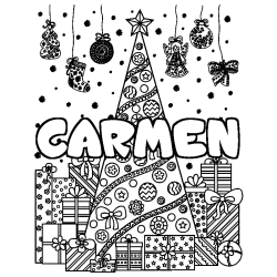 Coloración del nombre CARMEN - decorado árbol de Navidad y regalos