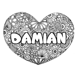 Coloración del nombre DAMIAN - decorado mandala de corazón