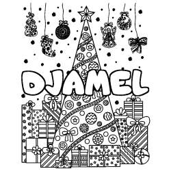 Dibujo para colorear DJAMEL - decorado &aacute;rbol de Navidad y regalos