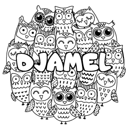 Coloración del nombre DJAMEL - decorado búhos