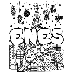 Coloración del nombre ENES - decorado árbol de Navidad y regalos