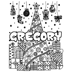 Coloración del nombre GRÉGORY - decorado árbol de Navidad y regalos