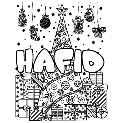 Dibujo para colorear HAFID - decorado &aacute;rbol de Navidad y regalos