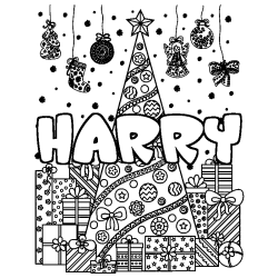 Dibujo para colorear HARRY - decorado &aacute;rbol de Navidad y regalos