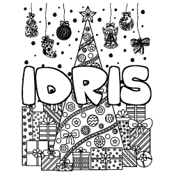 Dibujo para colorear IDRIS - decorado &aacute;rbol de Navidad y regalos