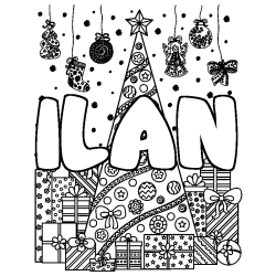 Dibujo para colorear ILAN - decorado &aacute;rbol de Navidad y regalos