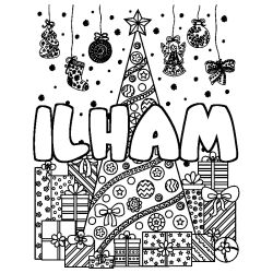 Coloración del nombre ILHAM - decorado árbol de Navidad y regalos