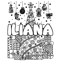 Coloración del nombre ILIANA - decorado árbol de Navidad y regalos