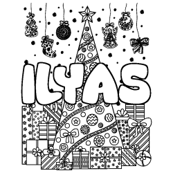 Dibujo para colorear ILYAS - decorado &aacute;rbol de Navidad y regalos