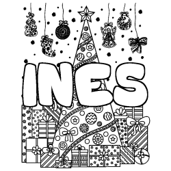 Coloración del nombre INES - decorado árbol de Navidad y regalos