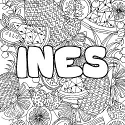 Coloración del nombre INES - decorado mandala de frutas