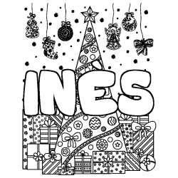 Dibujo para colorear IN&Egrave;S - decorado &aacute;rbol de Navidad y regalos
