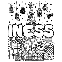 Coloración del nombre INESS - decorado árbol de Navidad y regalos