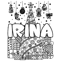 Coloración del nombre IRINA - decorado árbol de Navidad y regalos