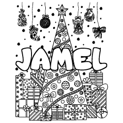 Dibujo para colorear JAMEL - decorado &aacute;rbol de Navidad y regalos