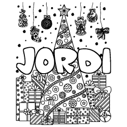 Dibujo para colorear JORDI - decorado &aacute;rbol de Navidad y regalos