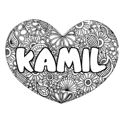 Coloración del nombre KAMIL - decorado mandala de corazón