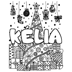 Coloración del nombre KÉLIA - decorado árbol de Navidad y regalos