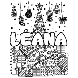 Coloración del nombre LÉANA - decorado árbol de Navidad y regalos