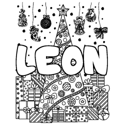 Coloración del nombre LEON - decorado árbol de Navidad y regalos