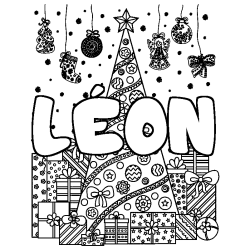 Coloración del nombre LÉON - decorado árbol de Navidad y regalos