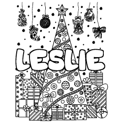 Dibujo para colorear LESLIE - decorado &aacute;rbol de Navidad y regalos