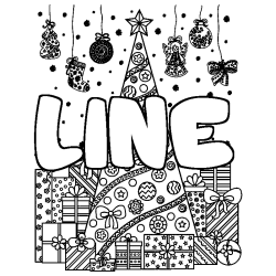 Coloración del nombre LINE - decorado árbol de Navidad y regalos