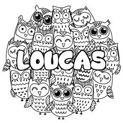 Coloración del nombre LOUCAS - decorado búhos