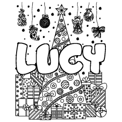 Dibujo para colorear LUCY - decorado &aacute;rbol de Navidad y regalos