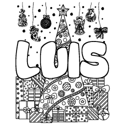 Coloración del nombre LUIS - decorado árbol de Navidad y regalos