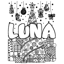 Coloración del nombre LUNA - decorado árbol de Navidad y regalos