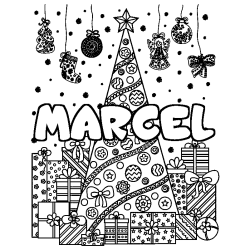 Coloración del nombre MARCEL - decorado árbol de Navidad y regalos