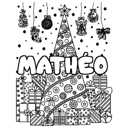 Coloración del nombre MATHÉO - decorado árbol de Navidad y regalos