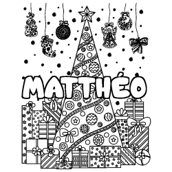 Coloración del nombre MATTHÉO - decorado árbol de Navidad y regalos