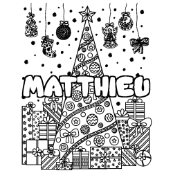 Coloración del nombre MATTHIEU - decorado árbol de Navidad y regalos