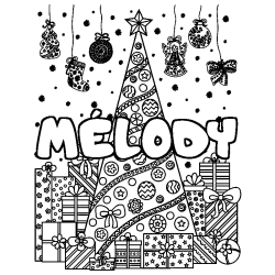 Coloración del nombre MÉLODY - decorado árbol de Navidad y regalos