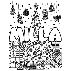 Coloración del nombre MILLA - decorado árbol de Navidad y regalos