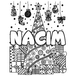 Coloración del nombre NACIM - decorado árbol de Navidad y regalos