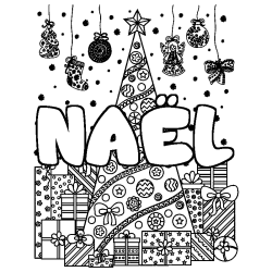 Coloración del nombre NAËL - decorado árbol de Navidad y regalos