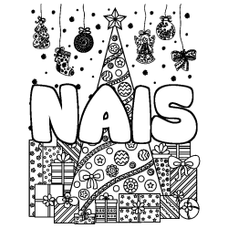 Dibujo para colorear NAIS - decorado &aacute;rbol de Navidad y regalos