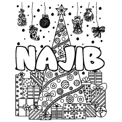 Coloración del nombre NAJIB - decorado árbol de Navidad y regalos