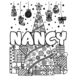 Dibujo para colorear NANCY - decorado &aacute;rbol de Navidad y regalos