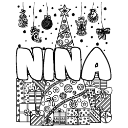 Dibujo para colorear NINA - decorado &aacute;rbol de Navidad y regalos