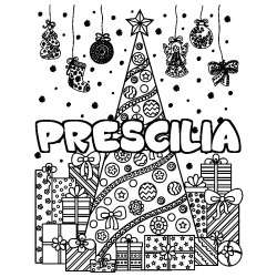 Dibujo para colorear PRESCILIA - decorado &aacute;rbol de Navidad y regalos