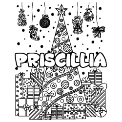 Coloración del nombre PRISCILLIA - decorado árbol de Navidad y regalos