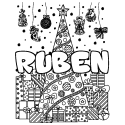 Coloración del nombre RUBEN - decorado árbol de Navidad y regalos