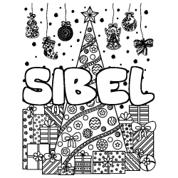 Coloración del nombre SIBEL - decorado árbol de Navidad y regalos